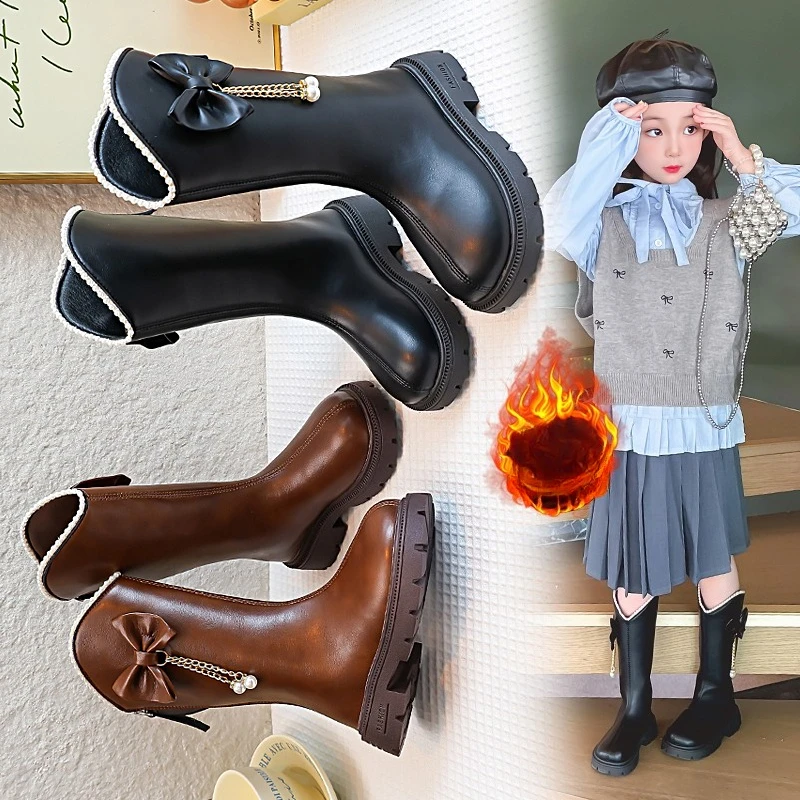 

3-18 Girls Boots Long Boots Fall Winter Models Brown Bow Kids Princess Cotton Shoes Padded Soft Children's High Leather Boots