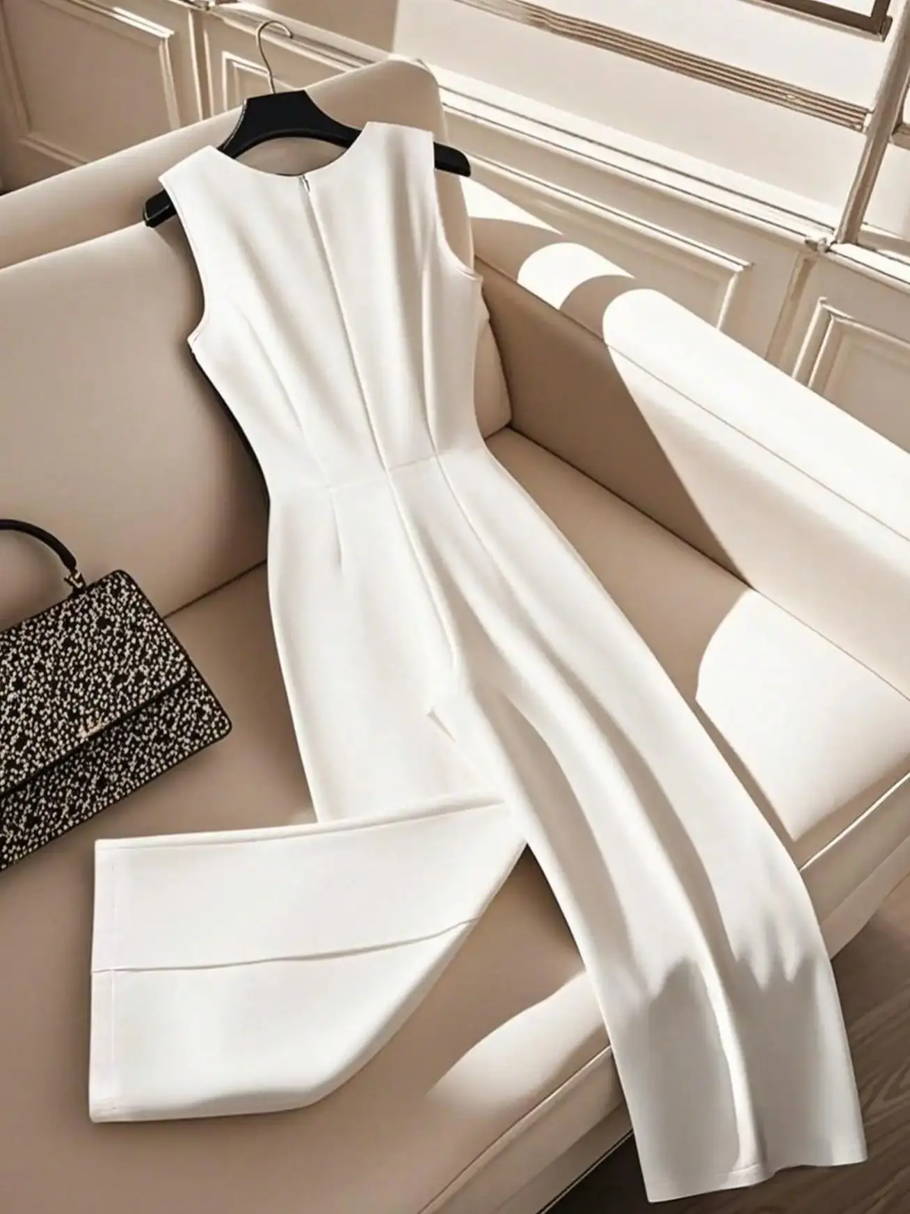 

Summer Minimalism at its best: sleeveless white overalls for a quiet luxury style pant suit
