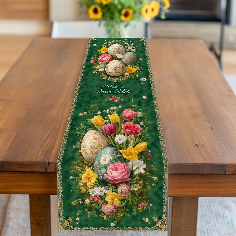 1 Piece Green and Gold Floral and Easter Egg Design Table Runner, Suitable for Farmhouse, Indoor, Kitchen, Celebrations, Table Decoration, Restaurant, and Banquet Decoration Supplies
