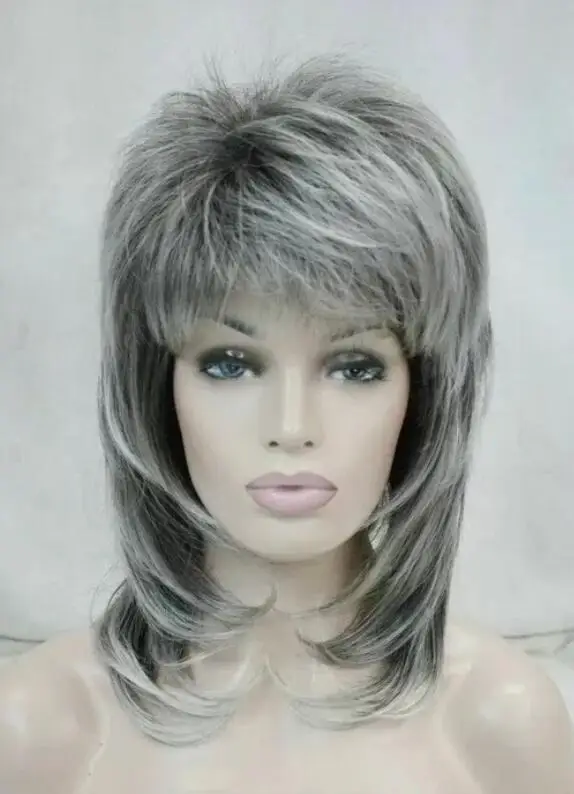 Long Soft Fluffy Layered Shag Good Volume Brown Grey Silver Synthetic Wigs