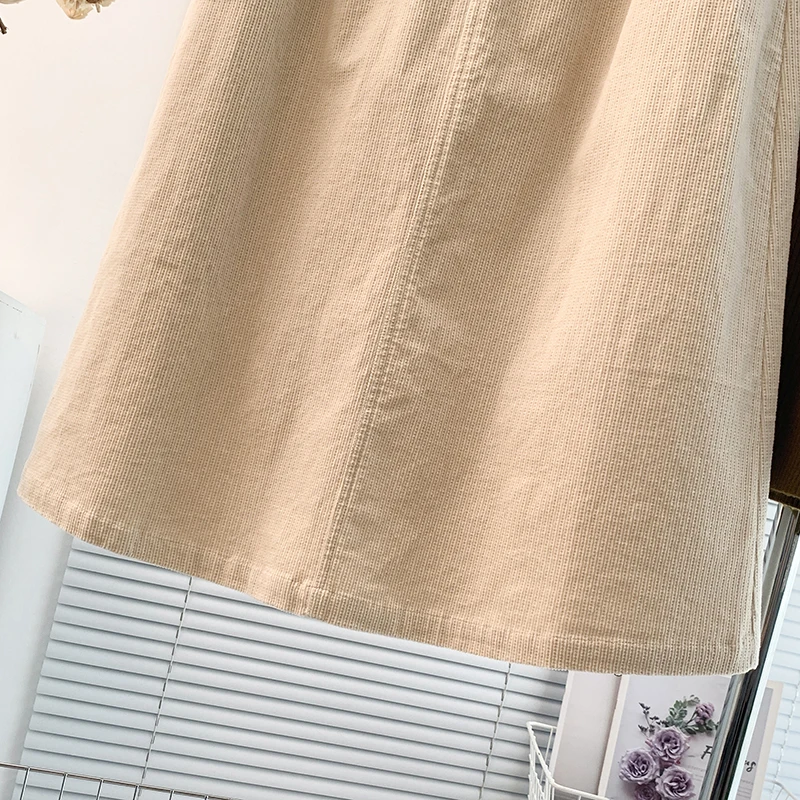 Gonna a trapezio in velluto a coste retrò caramello Gonna lunga in cotone elastico in vita con bottoni in puro colore autunno inverno da donna