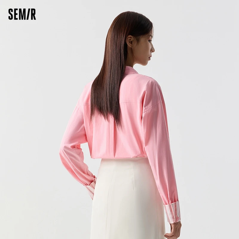 Semir 2024 Long-Sleeved Shirt Women Mid-Length Oversize Splicing Temperament Spring New Pure Cotton Shirts For Women