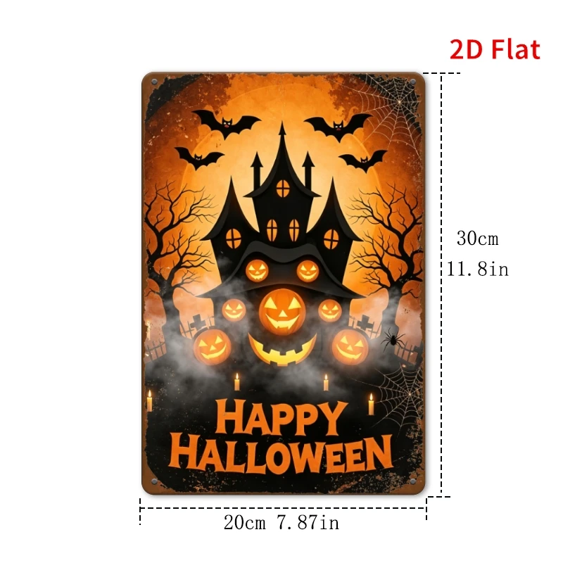 2D Flat - [2Dflat]1pc - 30X20Cm - Vintage Happy Halloween Haunted House Metal Tin Sign, Spooky Pumpkin Bat Ghost Retro Wall Plaq