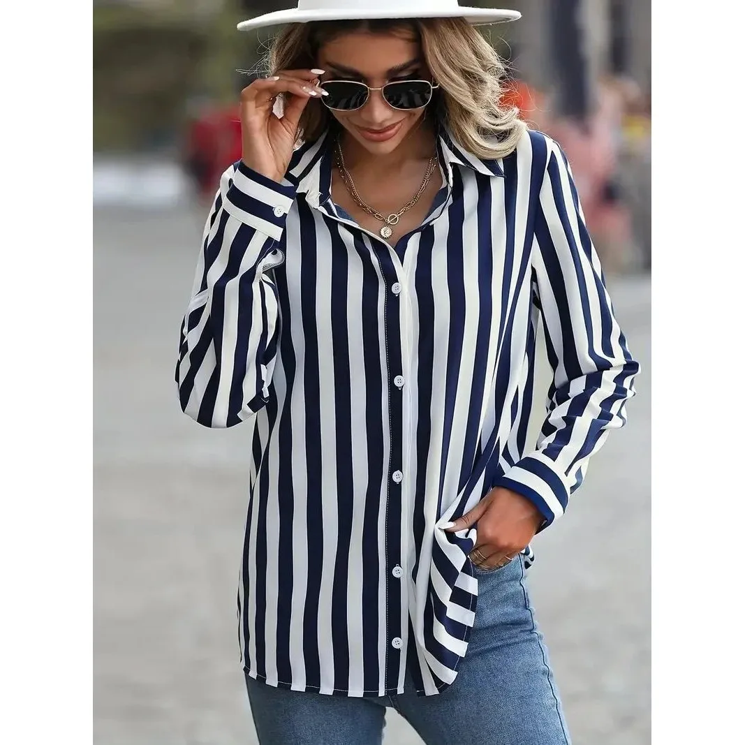 

Striped Women's irt Commuter Sle Loose Fit Long Sve Flip Collar Regular Length Casual Faion Ladies' Premium Clothing