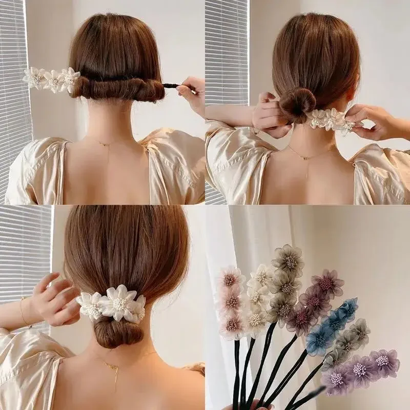 Horquilla elegante con flores y perlas para mujer, accesorios para el cabello para mujer, diadema giratoria, peinado, palo para el cabello,