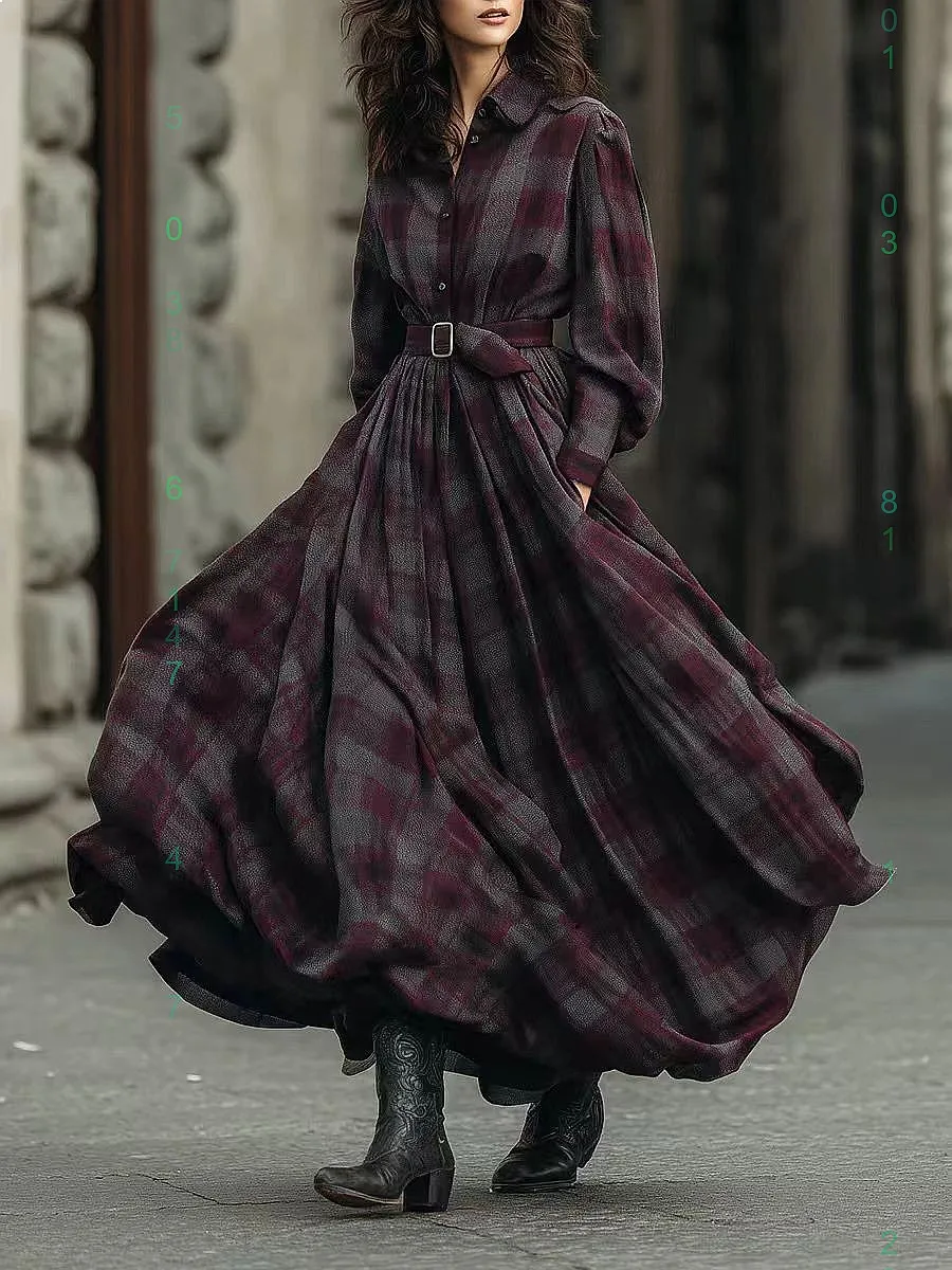 Vintage Plaid Long Sleeve Dress, Retro Women Dresses with Turn-Down Collar and Flared Hem