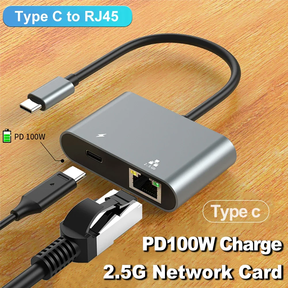 2500Mbps Network Card Type C to Ethernet Adapter 2.5G Gigabit LAN Adapter Support PD 100W Charging for Notebook Tablets Mac Book