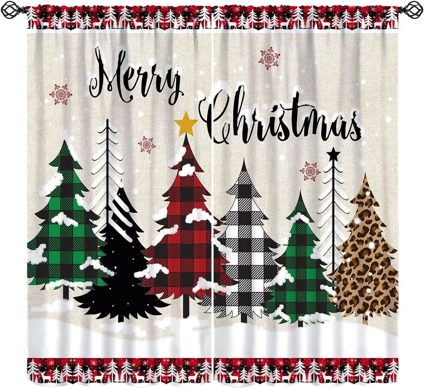 Merry Xmas Buffalo Plaid Christmas Tree Snowflake Rod Pocket Curtains 2 Panel Drapes Suitable for Living Room Bedroom Decor