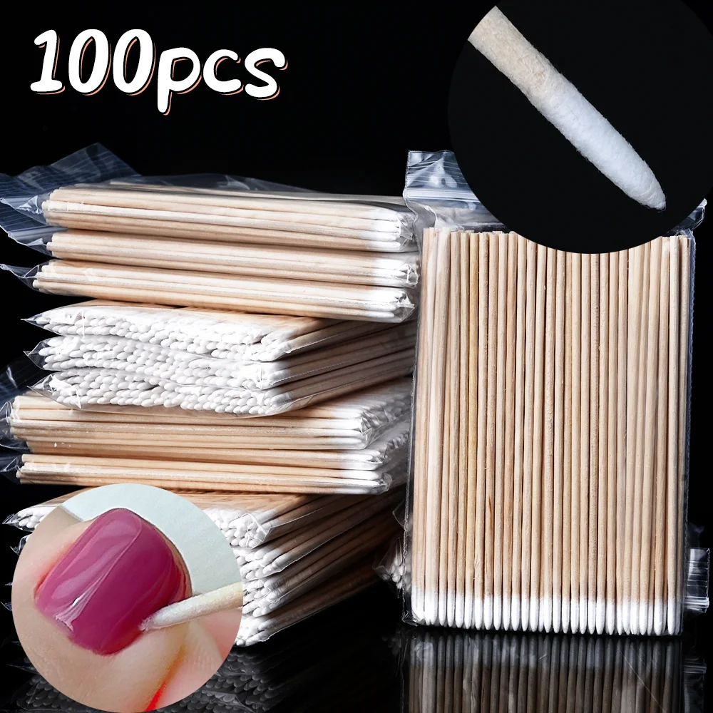 100Pc Disposable Wood Handle Cotton Swab Nail Seam Cleaning Makeup Glue Removing Multi-functional Pointed Cotton Swabs for Home