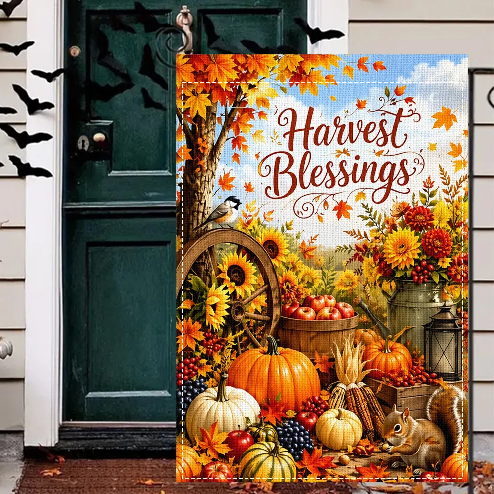 1PC Harvest Blessing Fall Garden Flag, Reversible Fall Pumpkin and Sunflower Print, Perfect for Seasonal Yard Decor (Pole Not In