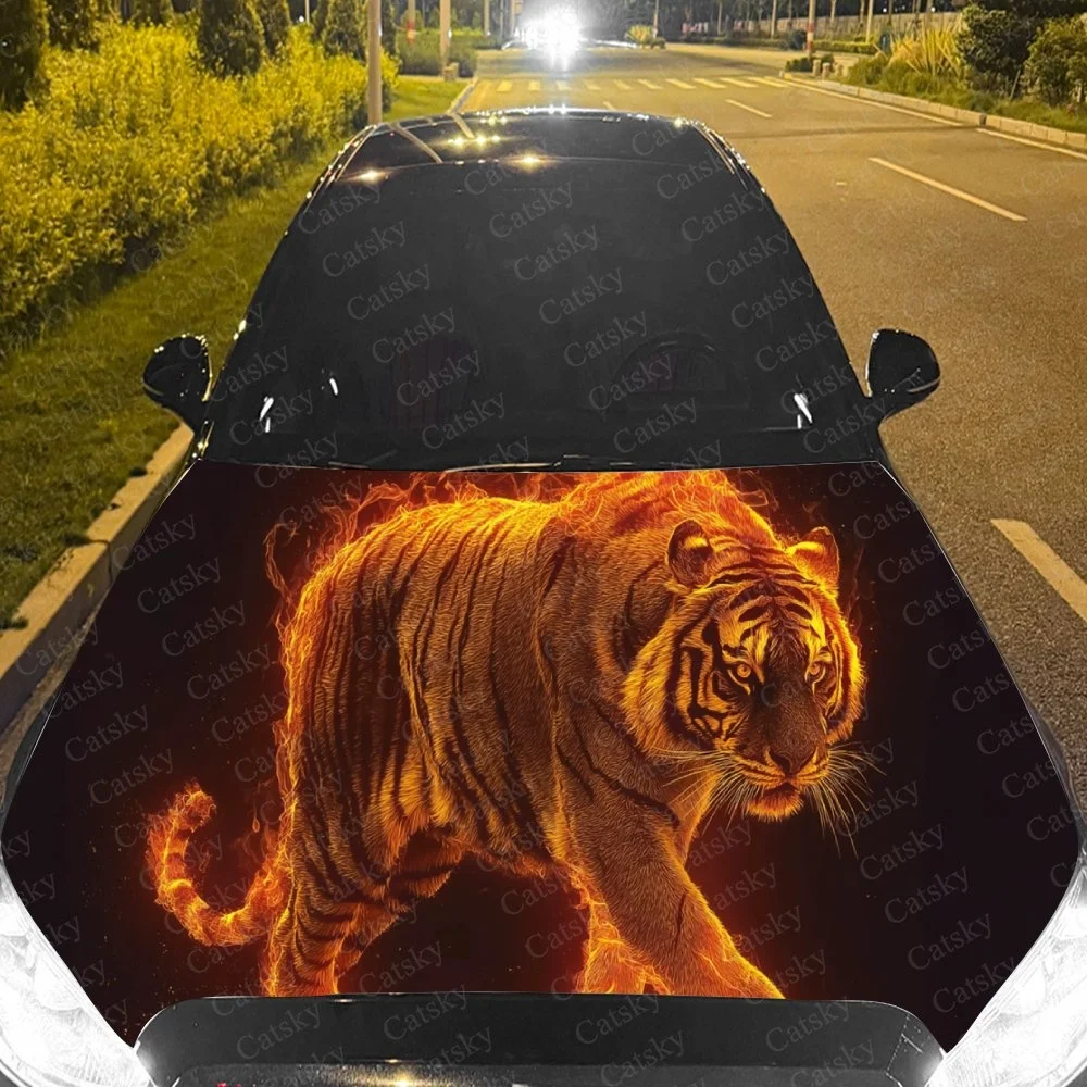 

Flame Tiger Walk Car Hood Sticker PVC Self Waterproof Stick, Striking Auto Exterior Accessories Decor Protect Gift for Car Lover