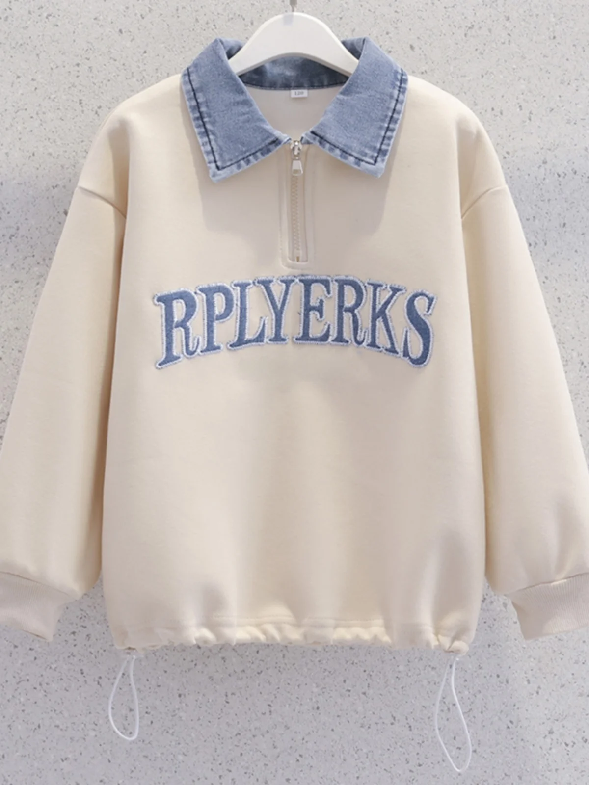 

Girls' Thickened Denim Collar Sweatshirt Spring Autumn New Style Shirt Middle School Students Fleece Lined Heavyweight Top