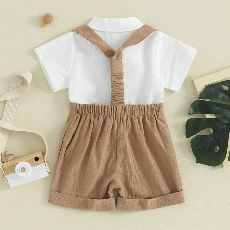 Newborn Baby Boys Gentleman Outfits Short Sleeve Turn-down Collar Button Romper Bib Pants Bow Tie 3Pcs Short Set Kids Clothes