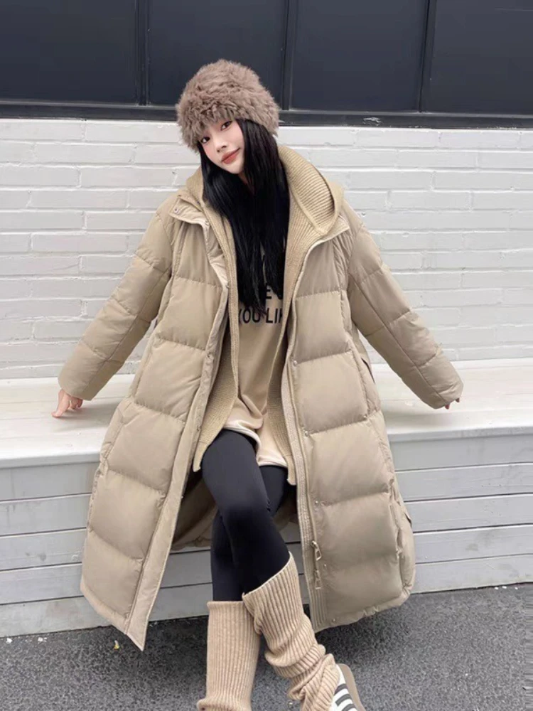 Winter Witte Eend Puffer Jas 2023 Nieuwe Gebreide Sjaal Lange Parka Vrouwen Koreaanse Verdikte Losse Warme Sneeuw Donsjack uitloper