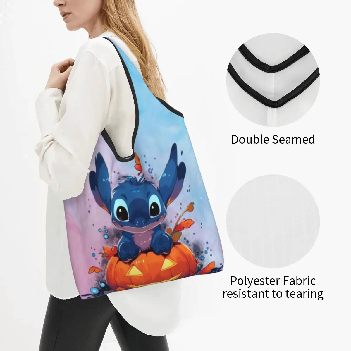 Custom Halloween Stitch Groceries Shopping Bags Fashion Shopper Tote Shoulder Bag Large Capacity Portable Disney Handbag