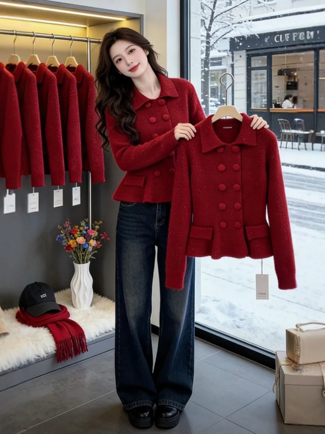 

Retro Gentle Sle Beautiful Turn-down Collar Slim-fit Red Sweater Unique Spring Faion Women's Long Sve -ne Top