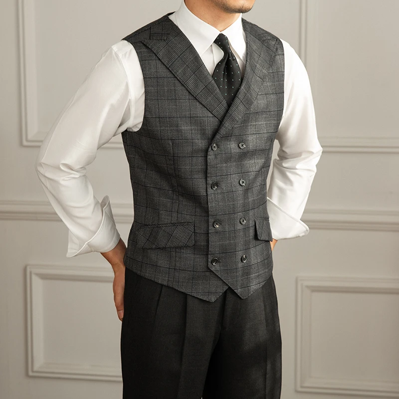 Upscale Retro Fashion Plaid Suit Vest Fashionable All-Match Double-Breasted Lapel Waistcoat for Men