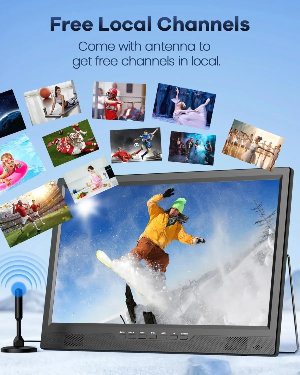 TV for Camping, 8000mAh Battery TV Portable for Power Outages, 180° Adjustable Stand, 1080P HDMI Input, AV Input, USB, Small TV