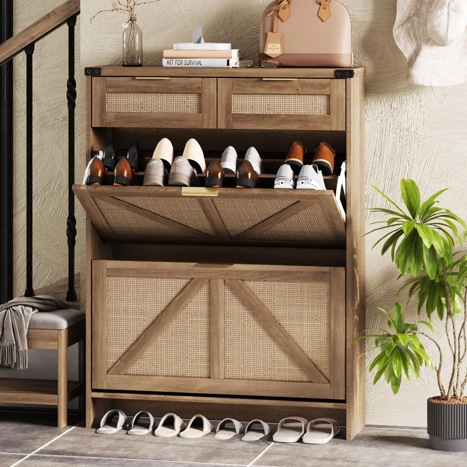 Vabches Rattan Shoe Cabinet with 2 Flip Drawers&2 Drawers Entryway Shoe Storage Cabinet Freestanding Slim Shoe Organizer Cabinet