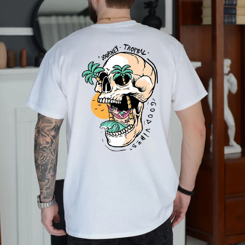 

Tropical Skull Graphic T Shirts Women Men Summer Beach "Tropical Good Vibes" Skull Clothes Palm Tree Vacation T-shirts Unisex
