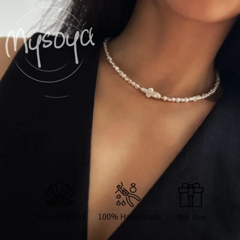 

MYSOYA белое ожерелье с крестом из пресноводного жемчуга в стиле барокко 6-7 мм с подарочной коробкой для нее/его дня рождения/свадьбы/Рождества/новогодняя сцена