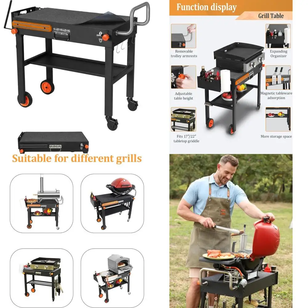 

Portable Folding Grill Stand for Blackstone Griddle 22/17, Wheeled Outdoor Cart, Compatible with Weber and Ninja, Ideal for Trav