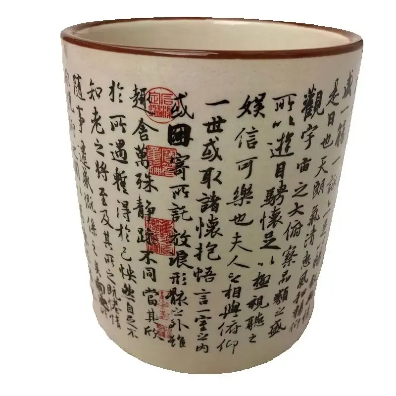 Chinese Old Porcelain Pastel Vase with Calligraphy 'Preface to Lanting' Pattern Collector's Item Pen Holder for Home Decor