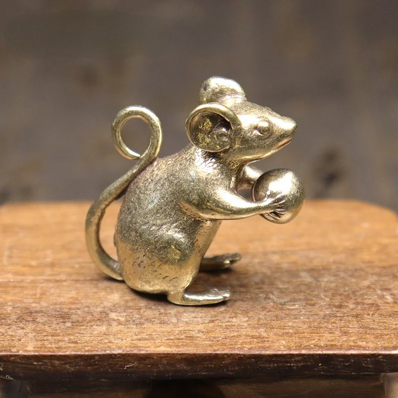 Copper Cute Mouse Peach Miniatures Figurines Tea Pet Table Ornament Crafts Brass Animal Rat Statue Home Decorations Accessories