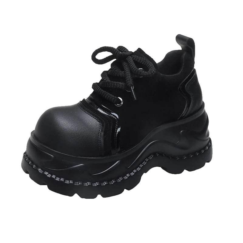 

Women's Lace-Up High Heel Thick Bottom Single Shoes Spring New Style Platform round Toe Flats Heightening Small Leather Shoes