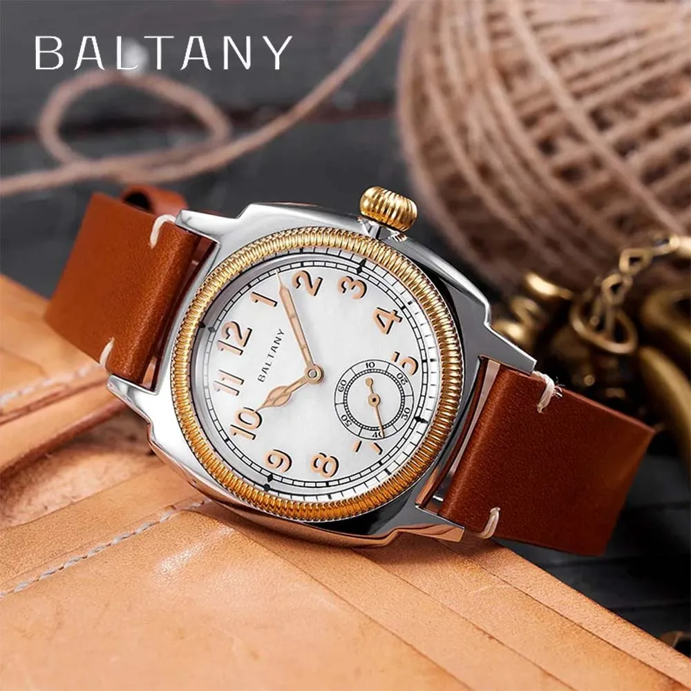 Baltany Luxurious Automatic Mechanical Men\'s Unisex Gold Case Luminous Mother Of Pearl Dial Sapphire Leather Waterproof Watch