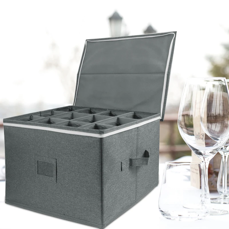 Wine glass Storage Box with Divider ，Storage Containers Hard Shell Stemware Storage Bins with Lids Holds 12 Wine Glass