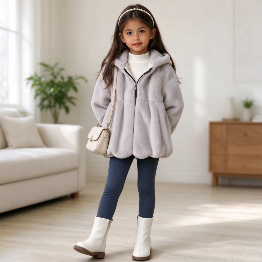 Children Faux Rabbit Fur Coats Solid Fur Jackets Hooded Zipper Long Sleeves 2026 Autumn Winter Flowy Hem Thick Loose Fit Casual 6