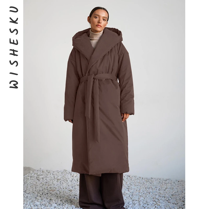 

Women Cotton Padded Long Sleeve Casual Windbreaker Style with Belt Hooded Jacket 2025 Winter Warm Elegant Fairy Grunge Clothes