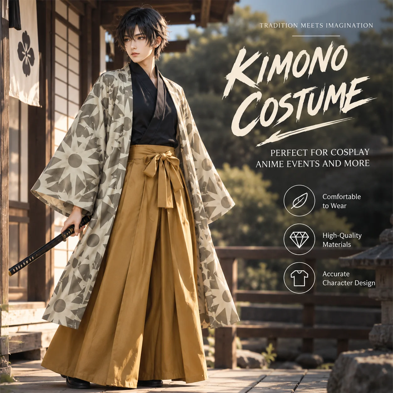 Japanischer Haori-Kimono mit Sonnenmuster, Komplettset für Cosplay, Schwarzes Oberteil, Braune Weite Hose mit Dekorativer Maske & Gepunktetem Schal für Halloween-Karneval-Themenparty-Rollenspiele