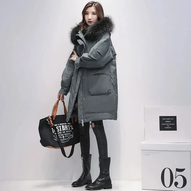 Down Jacket Women's Mid length 2026 Winter New Korean version Female Real raccoon Fur collar Fashion 90%White duck down Coats