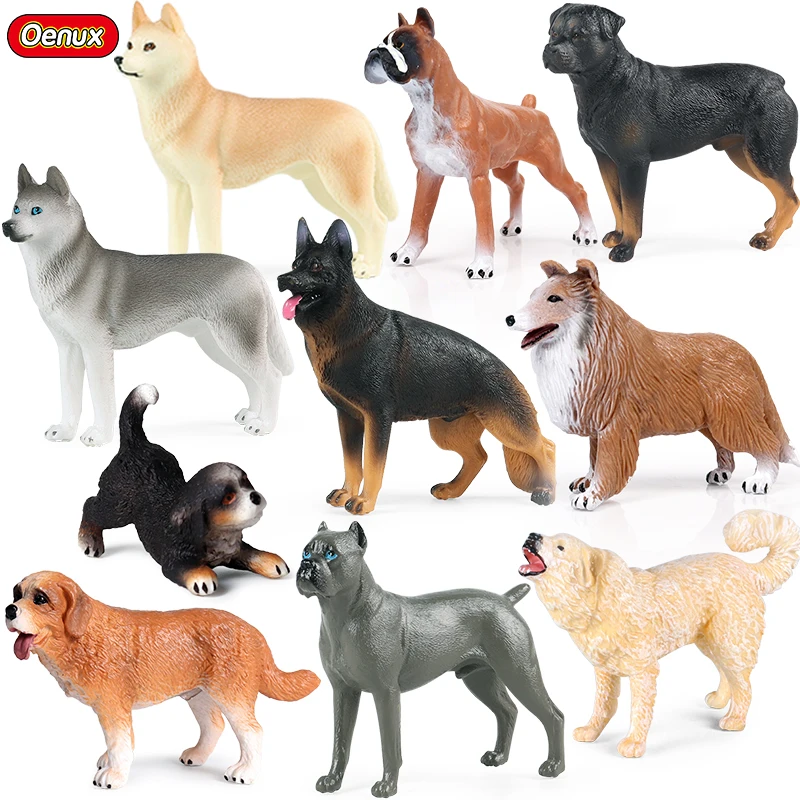 Oenux New Farm Dogs Pet Figurki Rottweiler Collie Huskie Bulldog Schnauzer Model Action Figures Cute Home Decoration Kids Toy