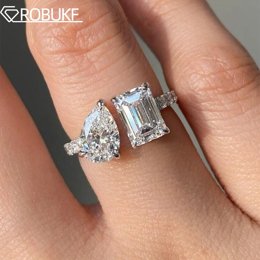 

3.7cttw Emerald & Pear Cut Moissanite Engagement Ring for Women GRA Certified 925 Sterling Silver Open Cuff Wedding Band Jewelry