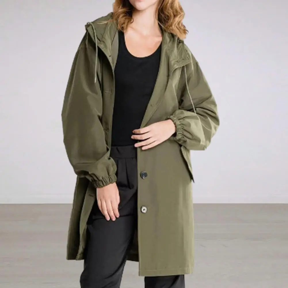 Women Fall Spring Windbreaker Hooded Windproof Loose Women Coat Single-breasted Mid Length Thin Long Sleeve Lady Jacket Coat