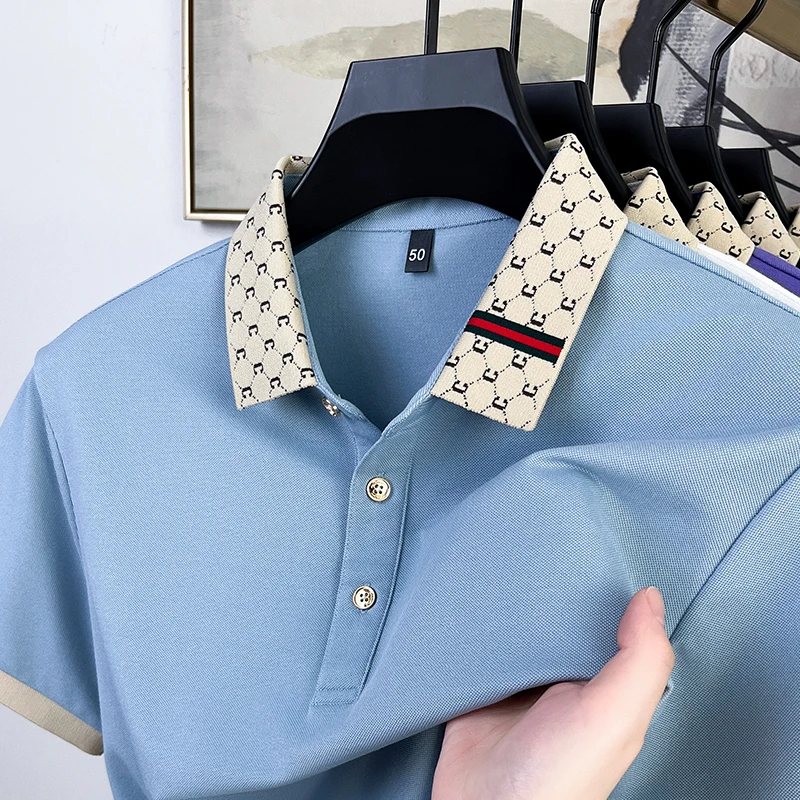 Hochwertiges Herren-Kurzarm-T-Shirt, modisches Farbblock-Revers, Sommer, seidig glatt, atmungsaktiv, bequem, lässig, Poloshirt