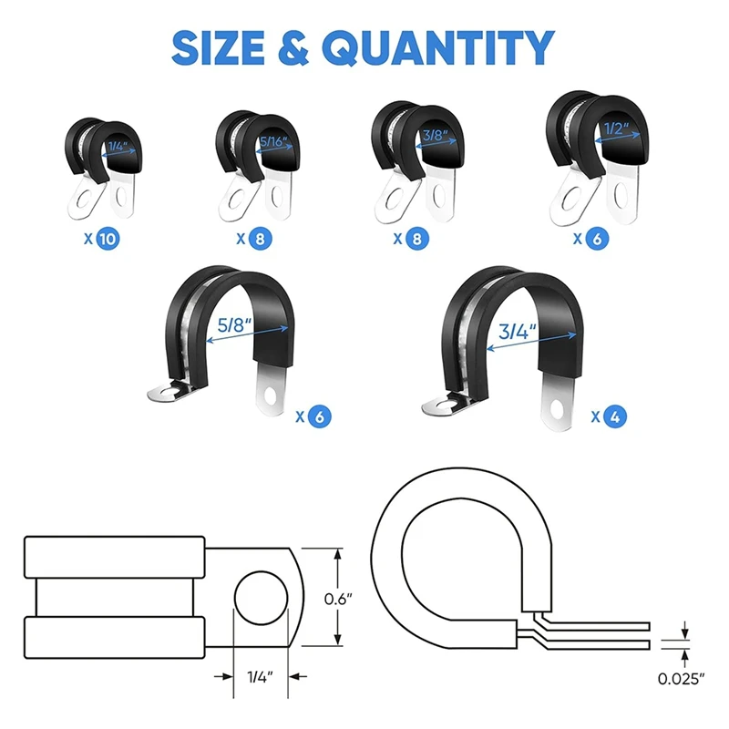 고무 쿠션 304 스테인레스 스틸 호스 루프 파이프 클램프 세트, 케이블 클램프 세트, 6 가지 크기, 42 개