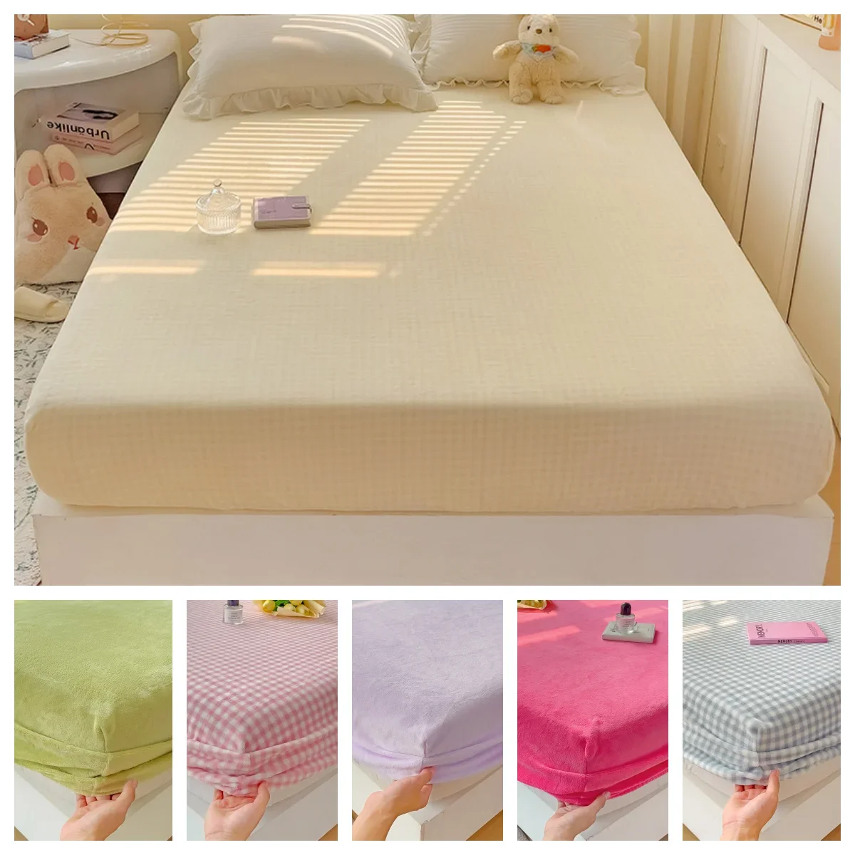 

1pc Coral Fleece Fitted Sheet with Elasitc Solid Color Thicken Milk Velvet Warm Winter Bed Cover Queen/King fundas de colchón