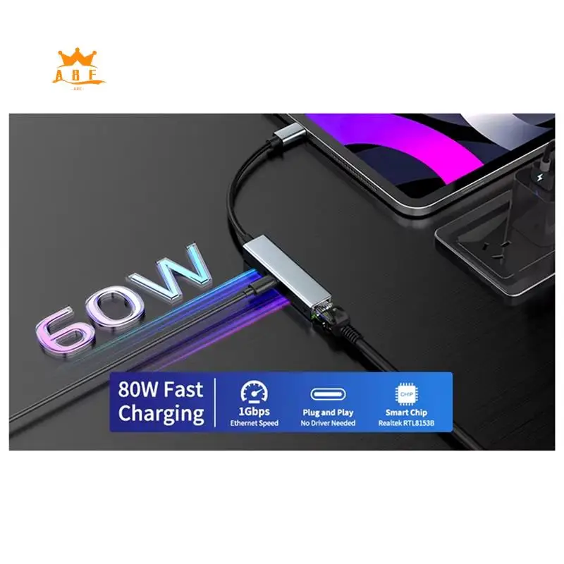 

A08E-2 In 1 USB C Network Card With PD 60W Fast Charging Port 1000Mbps Type C To Ethernet RJ45 Lan Gigabit Adapter For PC