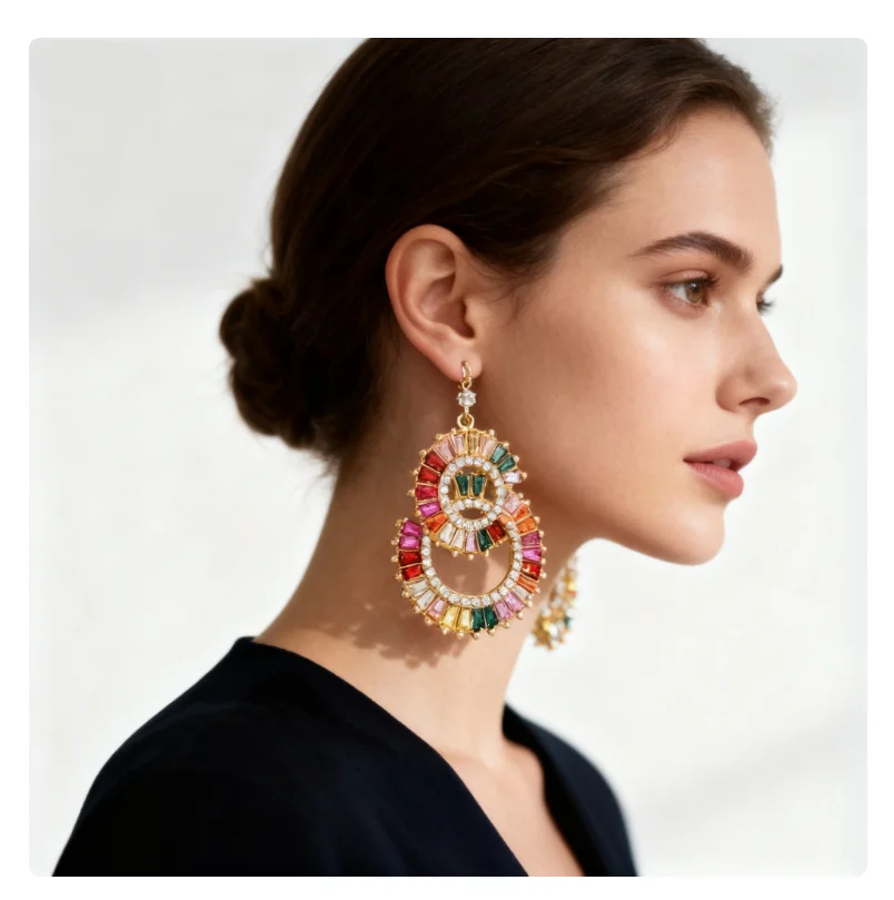 

Trendy niche chic European-style stud earrings Ultra-sparkling double-circle zirconia-set elegant drop earrings for women