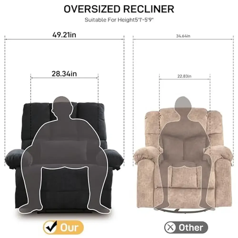 Oversized Recliner Chair 350 lb Weight Capacity Square Back Manual Fabric Recliner 3 Mode Recliner Massage Pillow Swivel Rocker