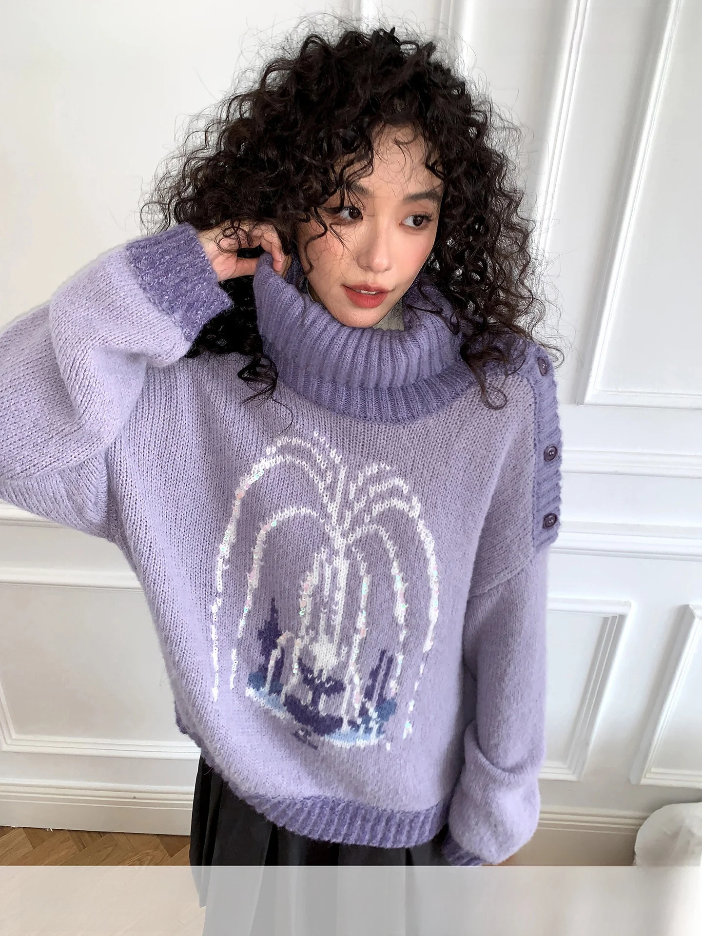 

Вязаный свитер Chtry Girl Wi с рисунком фонтана, женский фиолетовый осенне-зимний топ с высоким воротником, верхний трикотаж