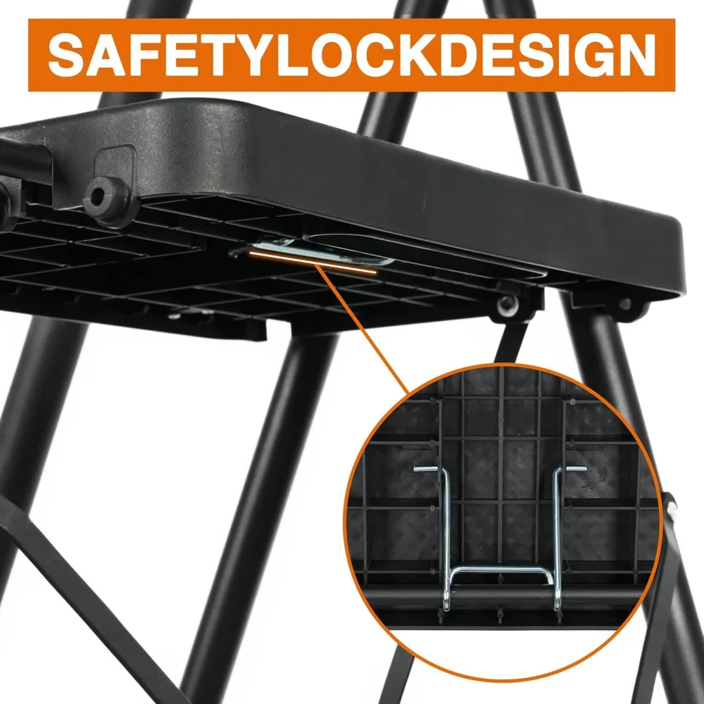 Portable Steel Folding Ladder with Wide Anti-Slip Treads, Tool Platform, Durable and Sturdy Construction, Black