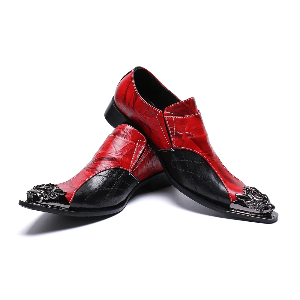 Handmade Red Men Metal Pointed Toe Brogue Shoes Wedding Prom Dress Shoes Male Plus Size Genuine Leather Formal Oxfords Shoes