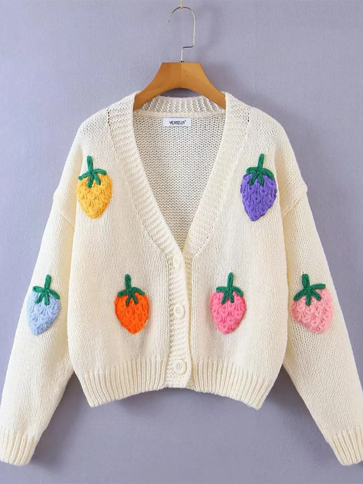 2022 Sweet Fruit Strawberry Knitted Ball Cardigan Beige Vintage Woman V neck Buttons Long sleeve Sweater Knitwear Jumper Pink