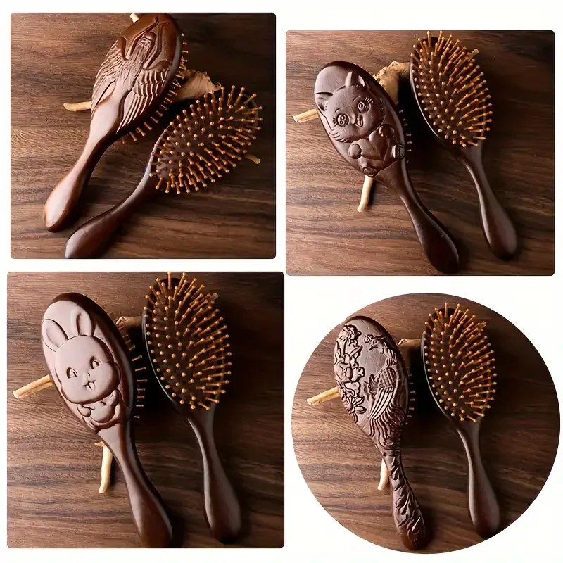 Hand-Carved Sandalwood Air Cushion Comb with Bamboo Bristles Cat-Shaped Wooden Hair Styling Comb Oval Scalp Massage Brush Comb