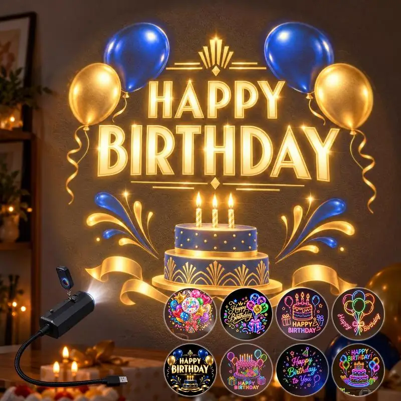 1Set USB Birthday Theme Projection With 8 Flat Patterns Change LED Projector Decorative Home Lighting